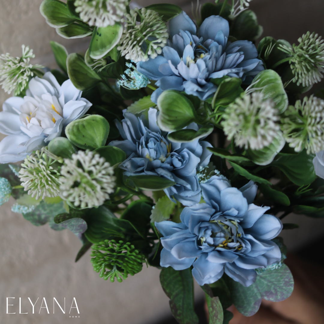 ARTIFICIAL BLUE PEONY AND GREEN LEAVES SET